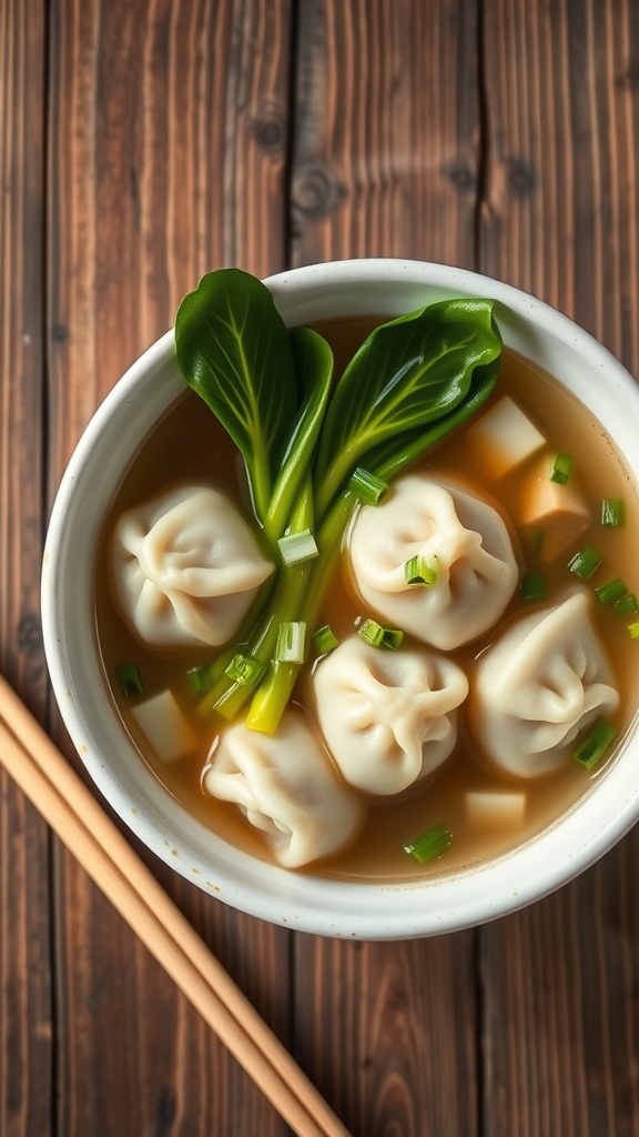 A bowl of pork dumpling soup with dumplings and bok choy on a rustic table with chopsticks.
